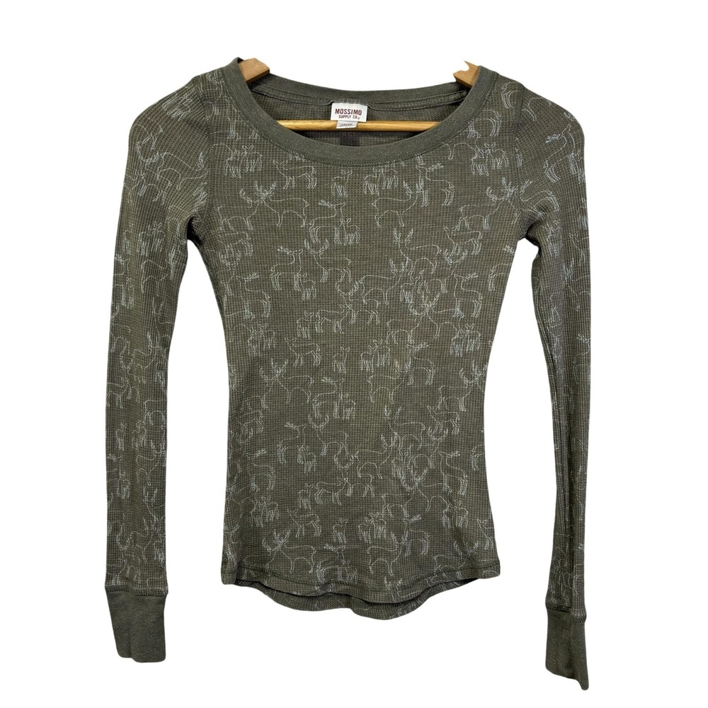 Y2K Mossimo Supply Co Shirt Womens XS Green Deer Print Thermal Long Sleeve Knit